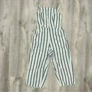 Old Navy Jumpsuit Blue Striped Cropped Linen Blend Sleeveless Square Neck Size S